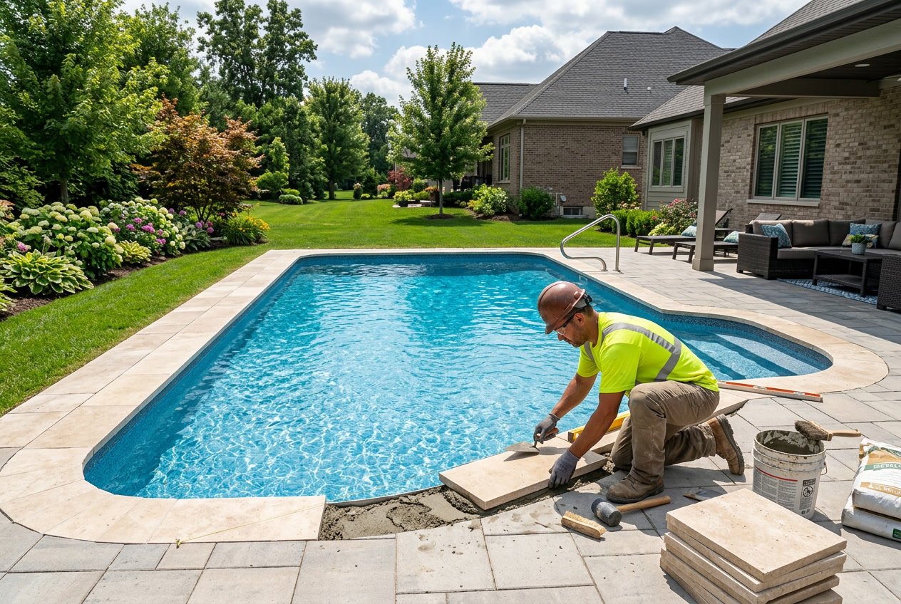A backyard swimming pool with a worker installing new coping stones around its edge, surrounded by lawn, shrubs, and patio furniture.
