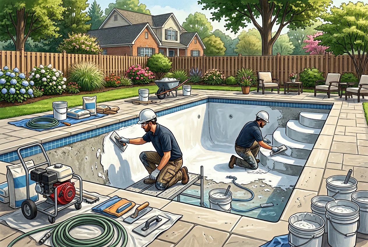 Workers resurfacing and replastering a residential backyard swimming pool in a suburban setting with landscaping and tools nearby.