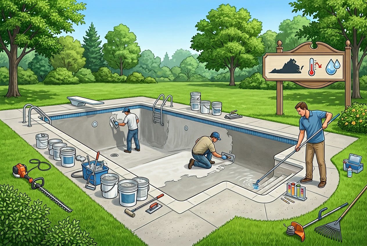A backyard swimming pool in Chantilly, Virginia, being resurfaced by workers applying plaster, with nearby tools and materials, while another person cleans and maintains the pool area surrounded by trees and lawn.