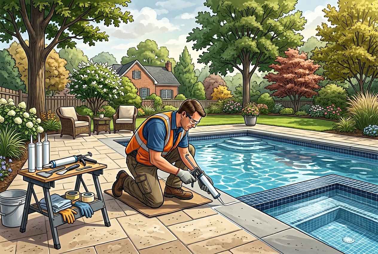 A worker applying fresh caulking along the edge of a residential swimming pool in a backyard with trees and patio.