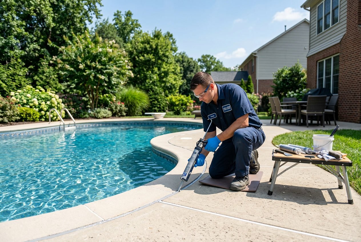 A technician applying caulk around the edge of a residential swimming pool in a backyard with trees and a clear sky.