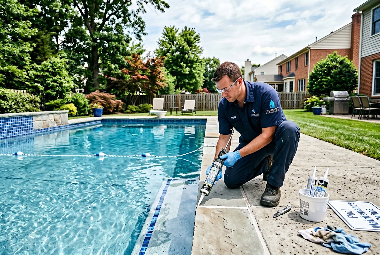 A technician applying caulking around the edge of a residential swimming pool in a suburban backyard.