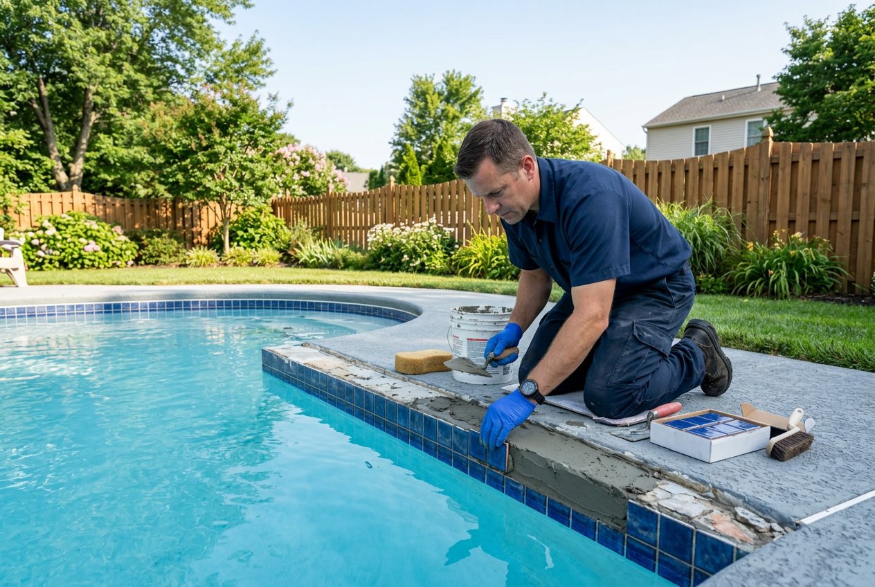 A pool technician replacing waterline tiles on a residential swimming pool in a backyard.