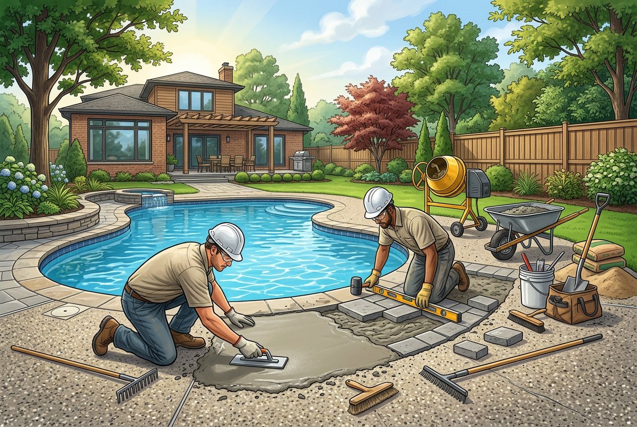 Workers repairing a concrete pool deck next to a blue inground swimming pool in a suburban backyard with trees and a house in the background.