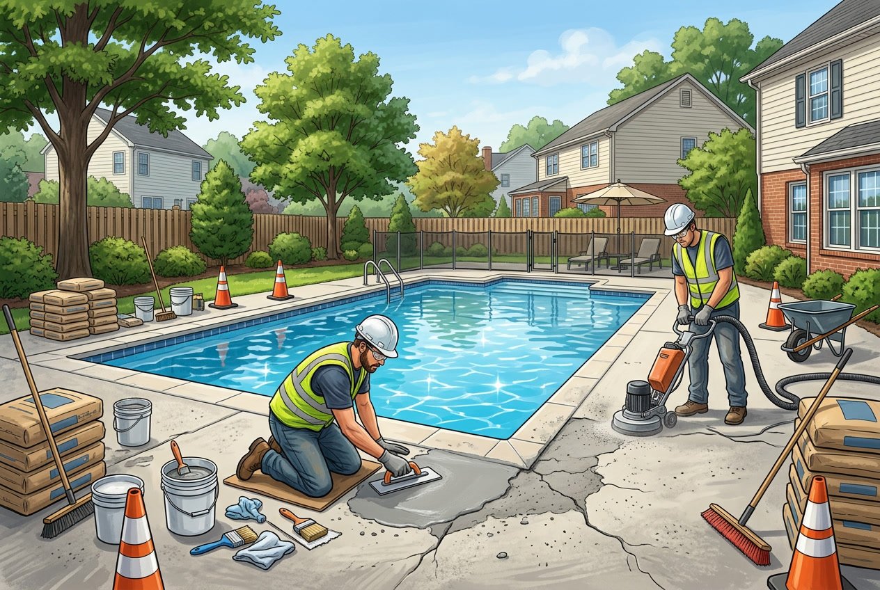 Workers repairing a concrete pool deck in a residential backyard with trees and houses in the background.