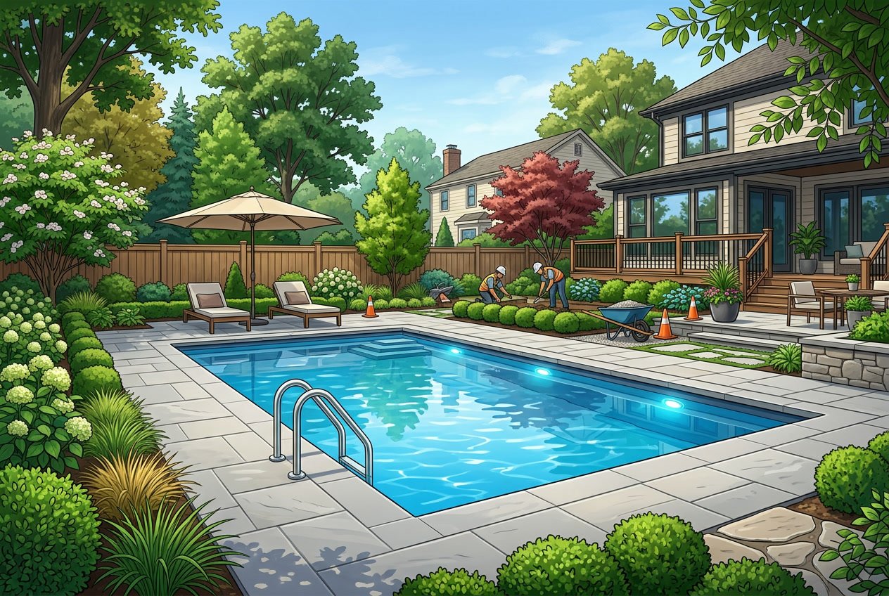 A renovated backyard swimming pool with clear water, stone deck, green trees, and a suburban house in the background.
