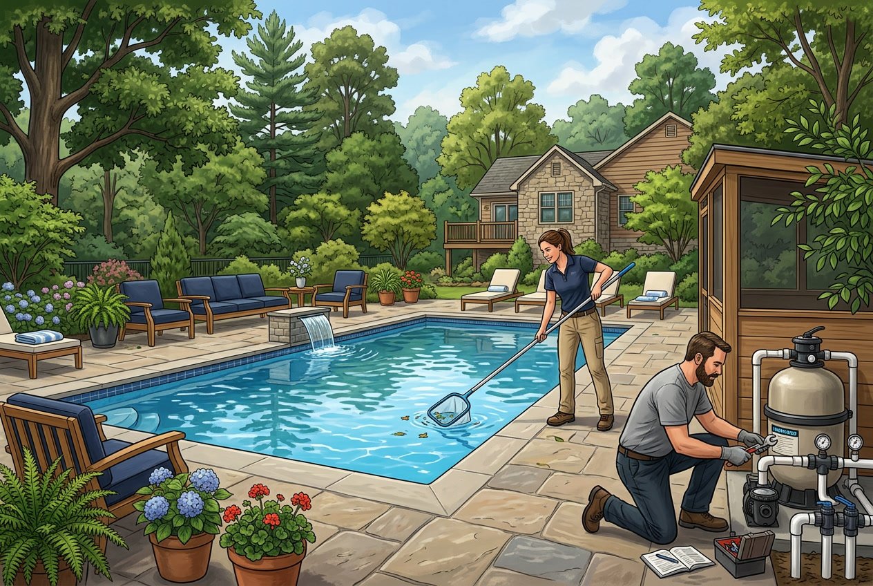 A person cleaning and maintaining a renovated swimming pool in a suburban backyard with trees and plants around.