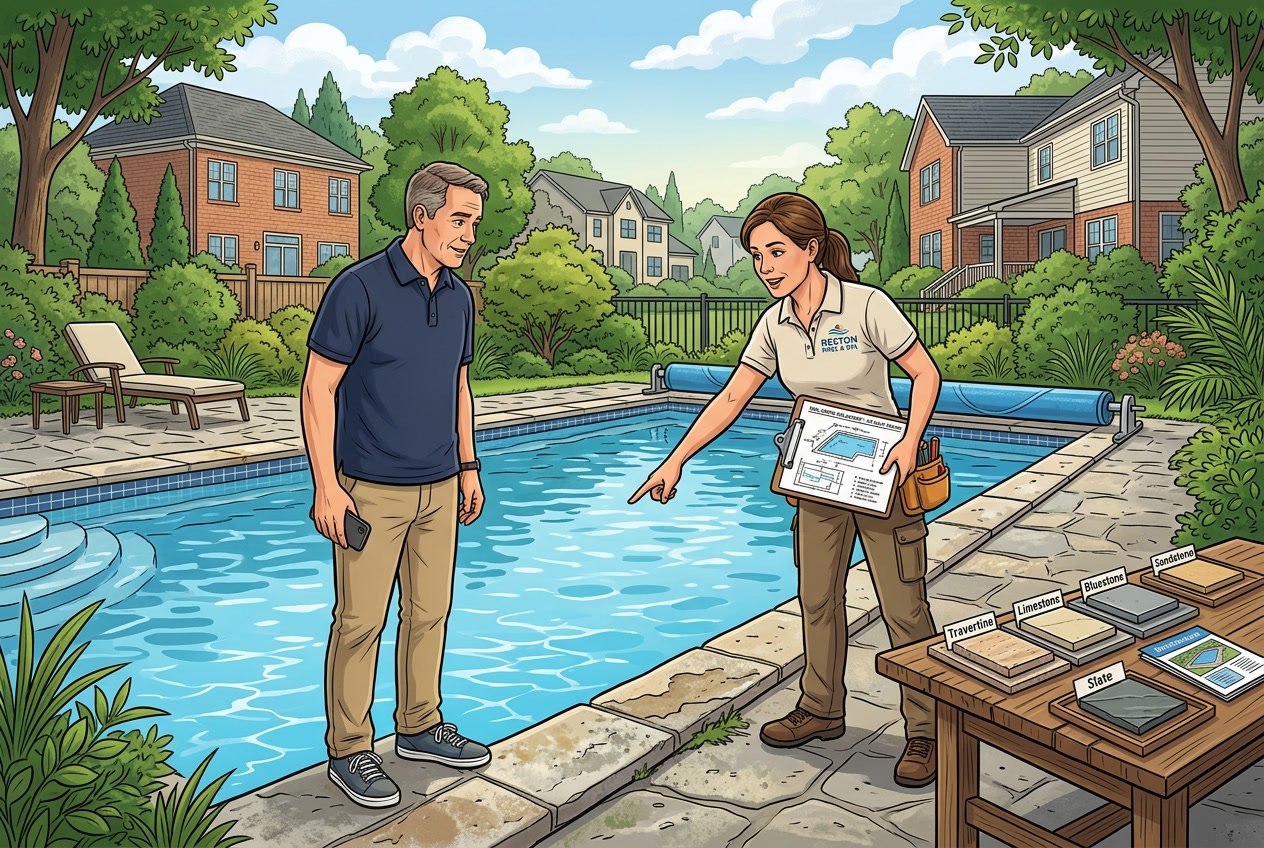 A homeowner and contractor discussing pool coping stone replacement around a backyard swimming pool in a residential neighborhood.