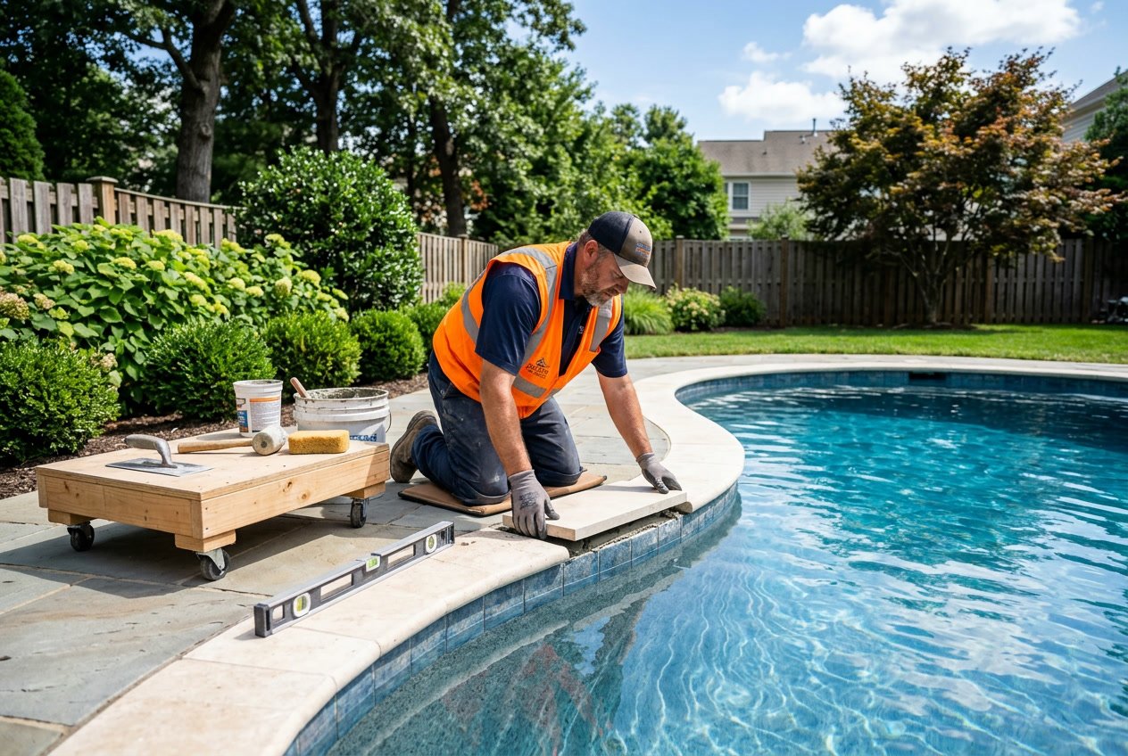A worker replacing stone coping around a residential swimming pool in a backyard with green shrubs and a wooden fence.