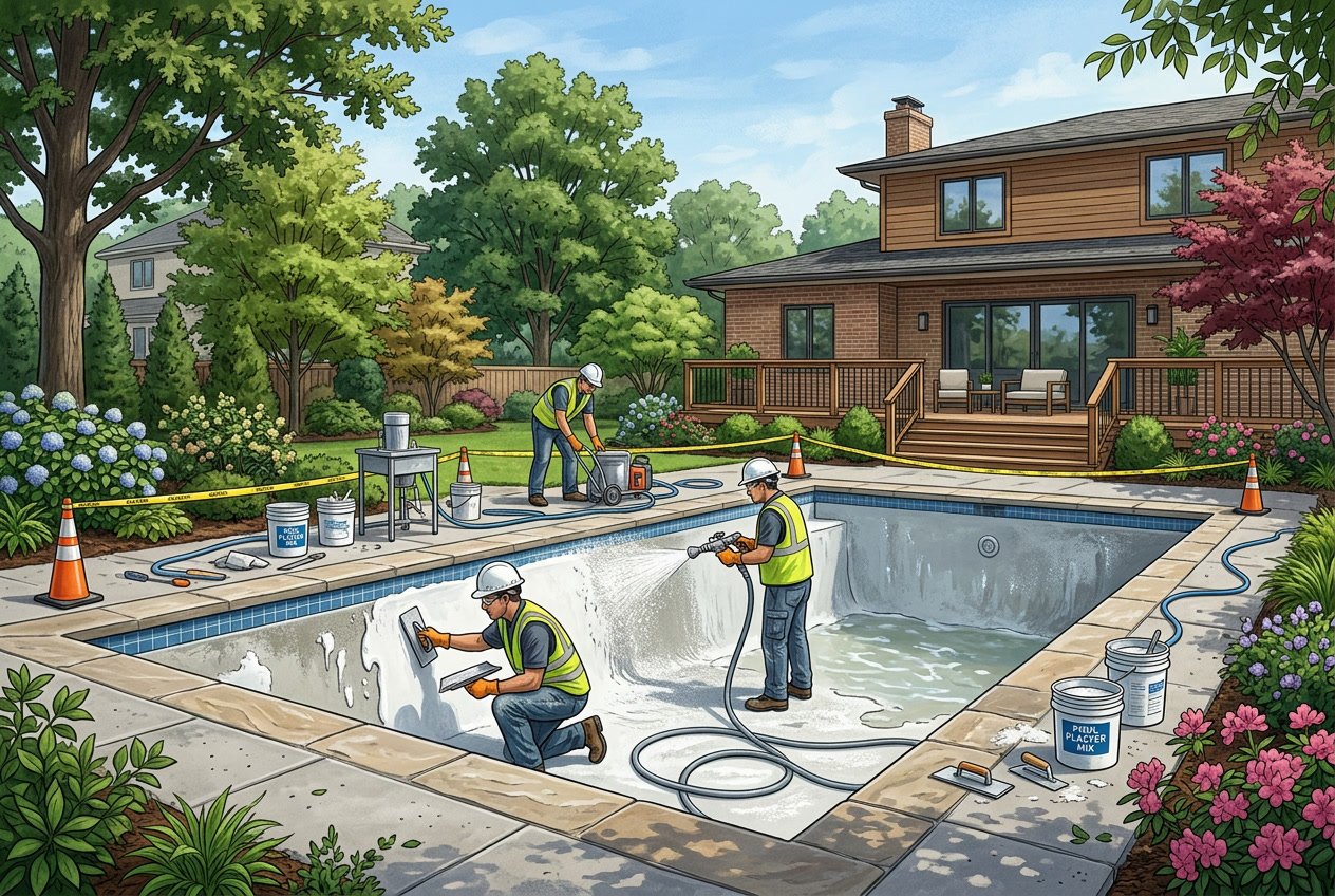Pool Resurfacing/Replastering in Reston, VA: Complete Guide 1 Workers resurfacing a residential swimming pool in a backyard with trees and a house in the background.