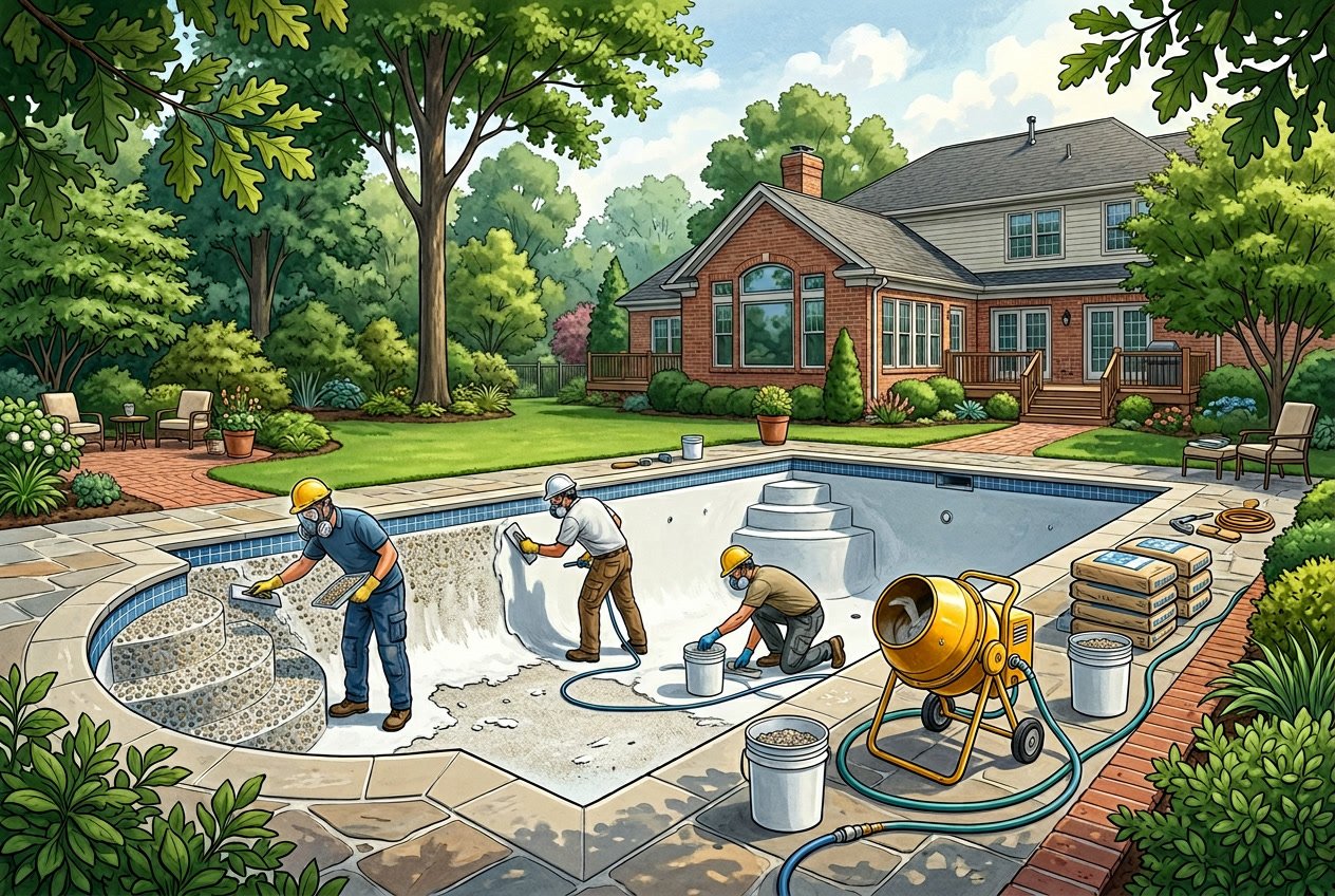 Pool Resurfacing/Replastering in Reston, VA: Complete Guide 2 A residential swimming pool being resurfaced by workers applying plaster in a backyard with a house and trees in the background.