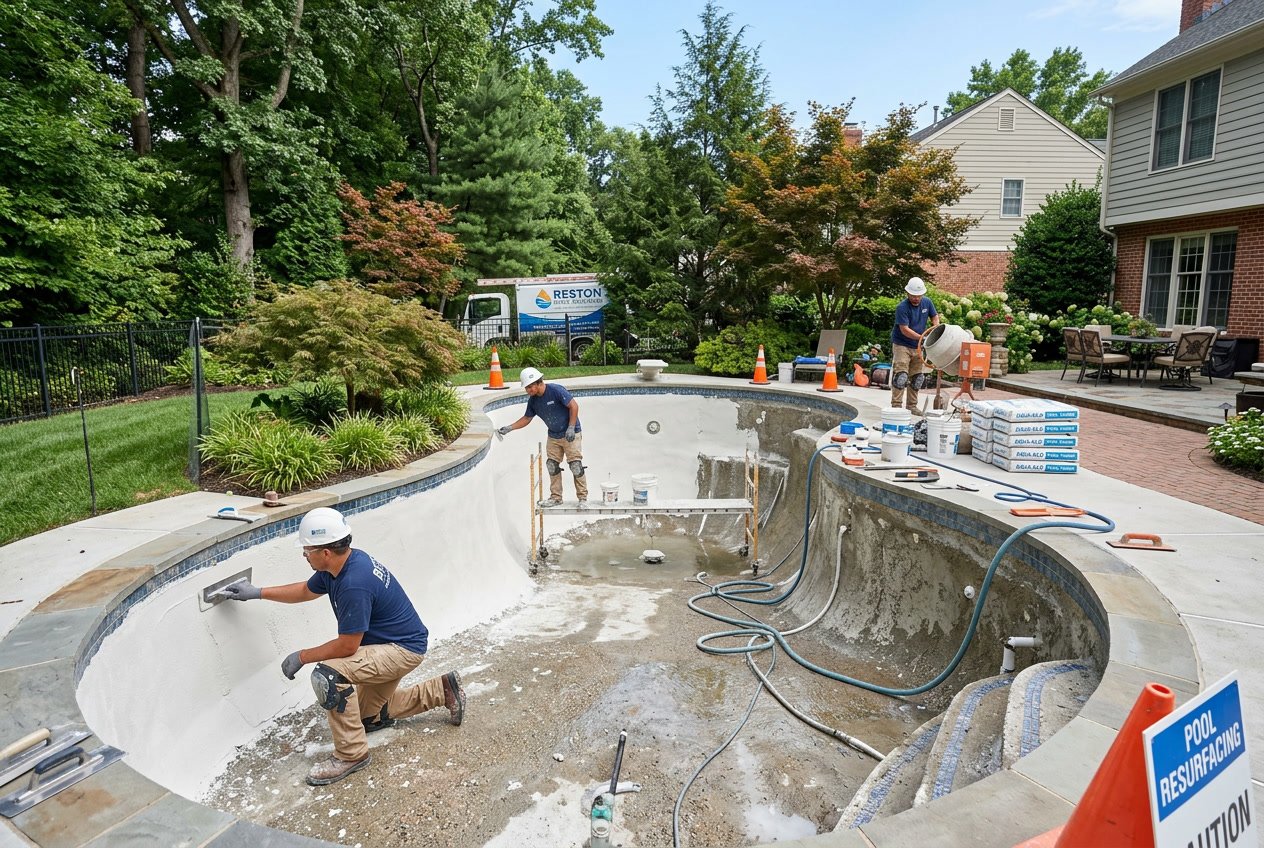 Pool Resurfacing/Replastering in Reston, VA: Complete Guide 3 Workers applying new plaster to a residential swimming pool in a backyard surrounded by trees and landscaping.