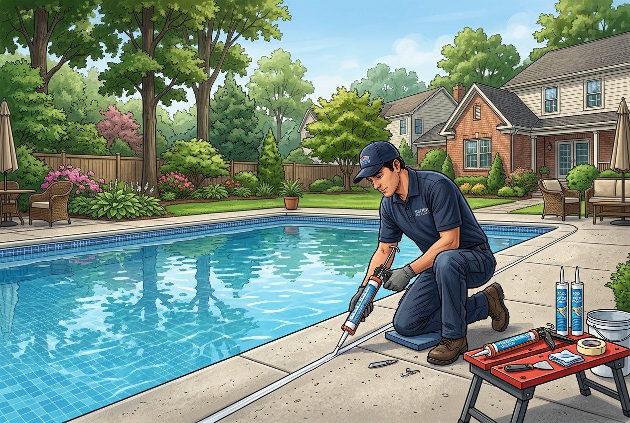 A technician applying caulking around the edge of a backyard inground swimming pool with trees and landscaping in the background.