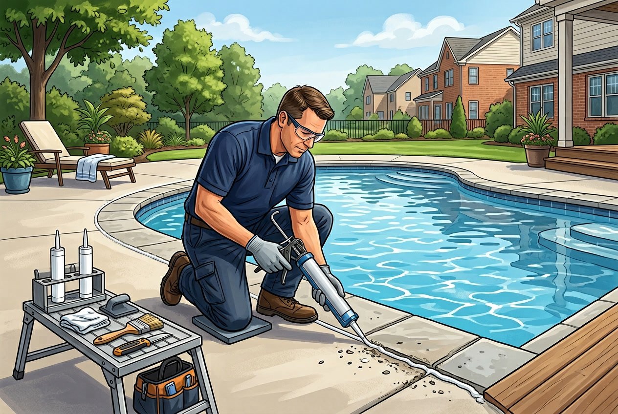 A worker applying caulk to the joints of a residential inground swimming pool in a sunny backyard.
