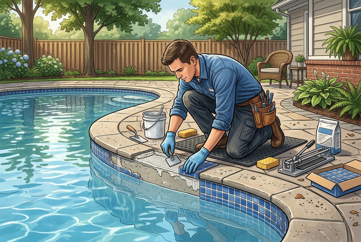 A worker replacing blue and white tiles along the edge of a backyard swimming pool with clear water and surrounding greenery.
