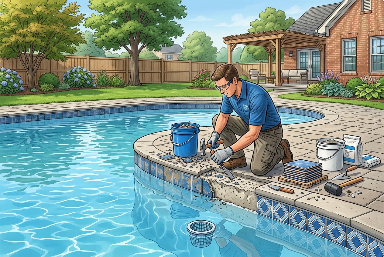 A worker replacing waterline tiles on the edge of a residential swimming pool in a backyard.