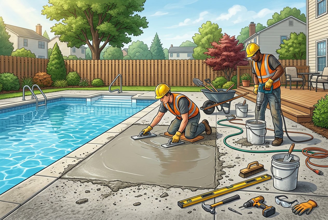Pool Deck Repair in Springfield, VA: Professional Solutions & Quality 1 Workers repairing a concrete pool deck next to an inground swimming pool in a suburban backyard with trees and a wooden fence.
