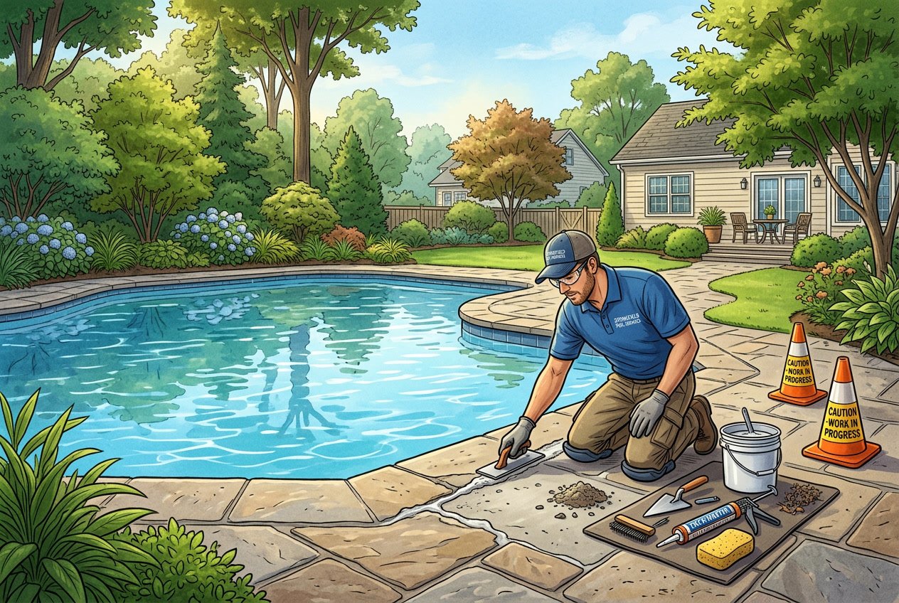 Pool Deck Repair in Springfield, VA: Professional Solutions & Quality 2 A worker repairing a pool deck in a backyard with green plants and a clear inground swimming pool.