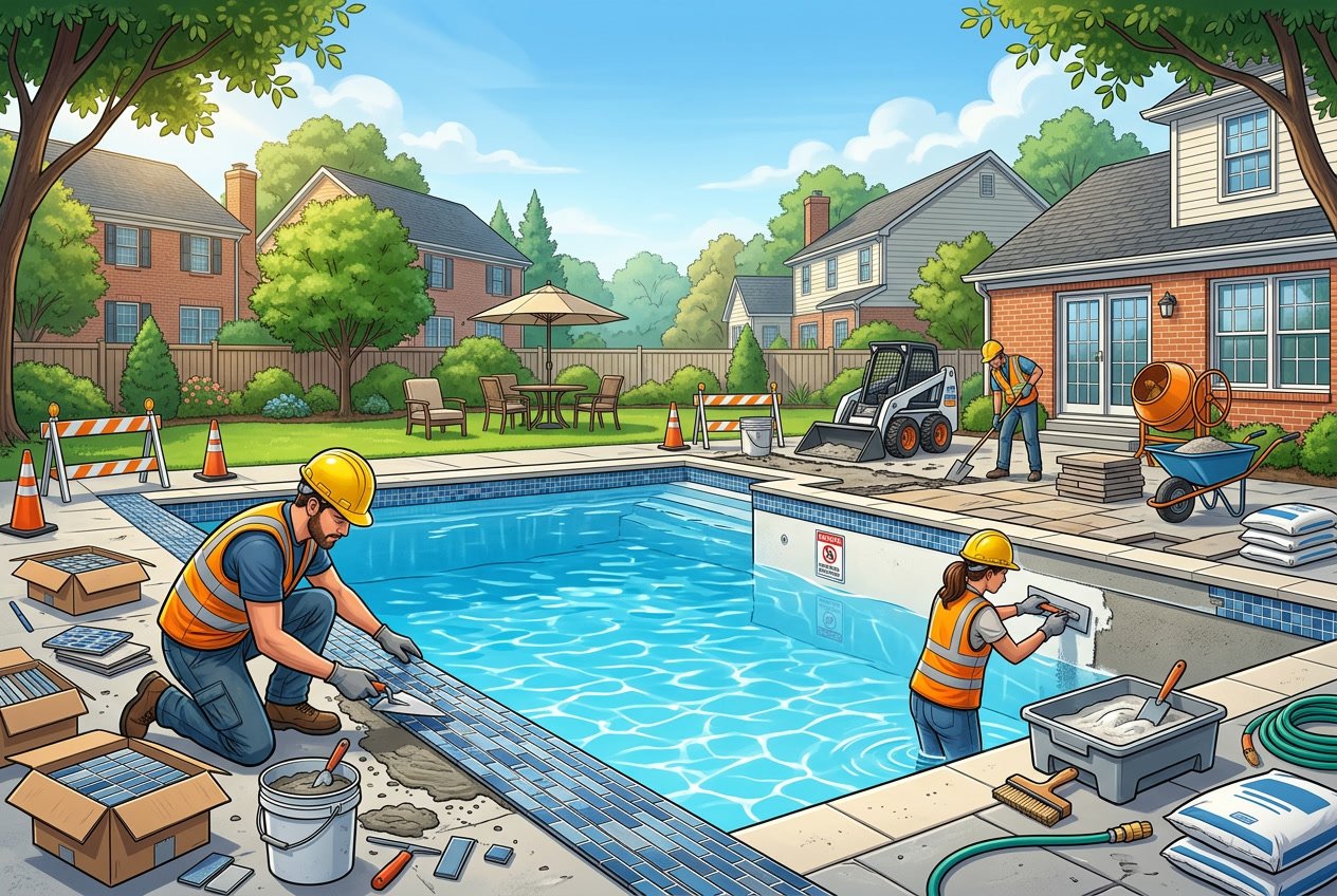 A backyard swimming pool under renovation with workers installing tiles and resurfacing the pool, surrounded by suburban homes and greenery.