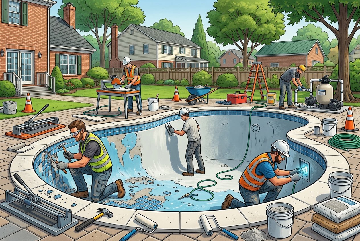Workers renovating a residential swimming pool in a suburban backyard with houses and trees in the background.