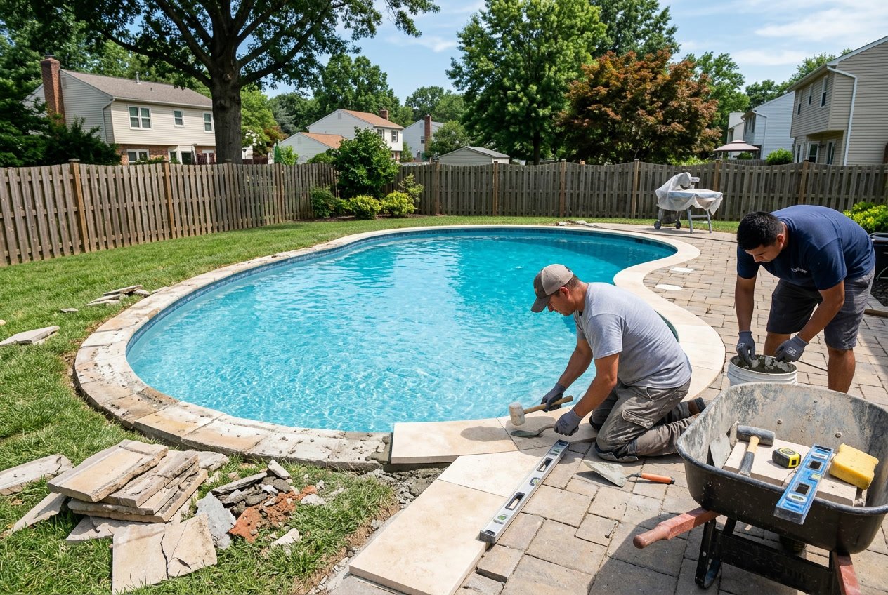 Pool Coping Stone Replacement in Springfield, VA: What to Know 1 Workers replacing pool coping stones around a swimming pool in a backyard with grass and houses in the background.