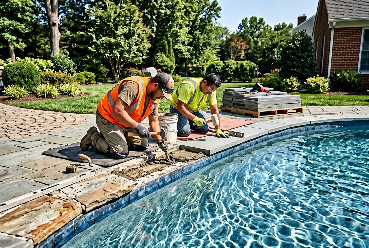 Pool Coping Stone Replacement in Springfield, VA: What to Know 2 Workers replacing coping stones along the edge of a residential swimming pool with clear water and green landscaping in the background.