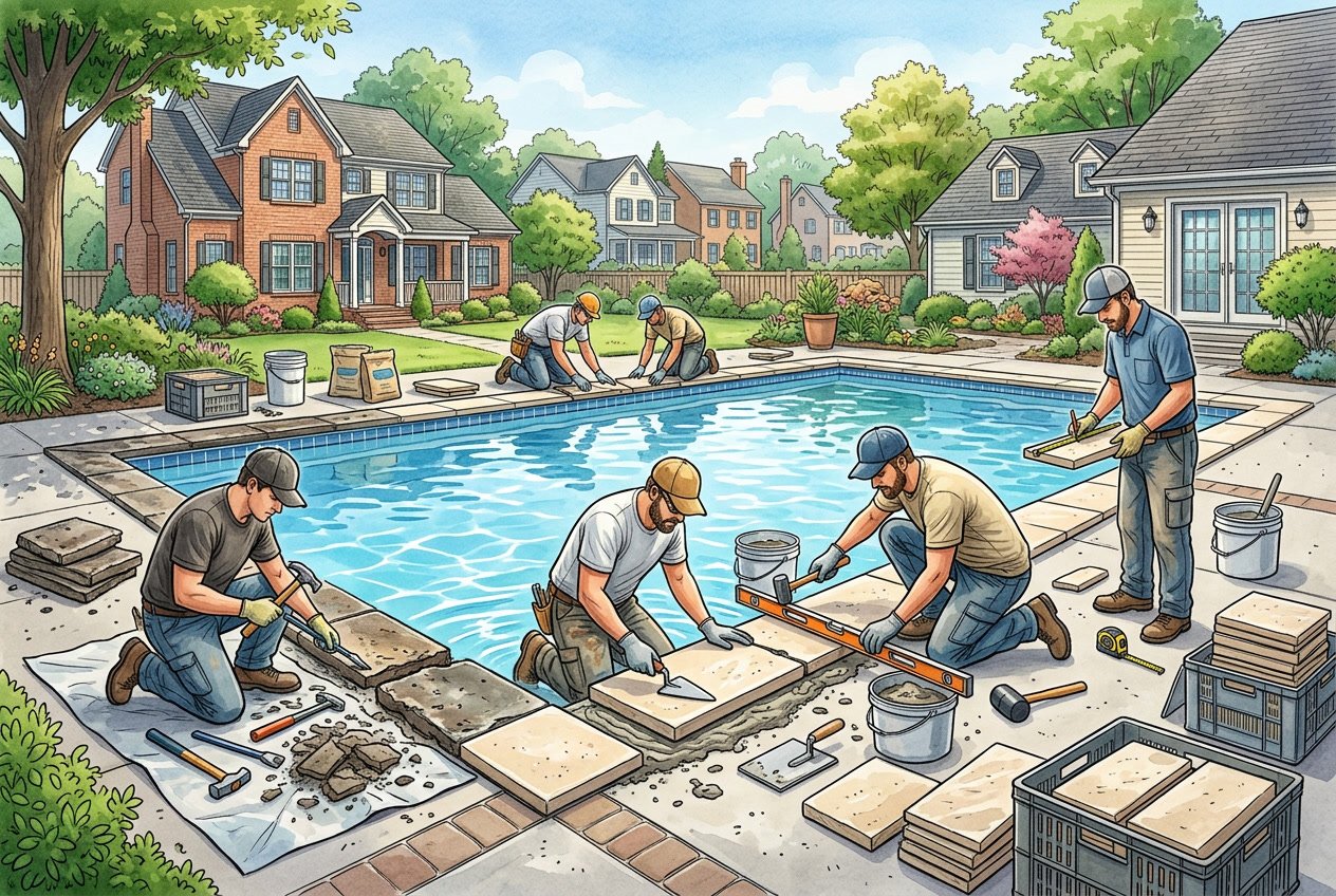 Pool Coping Stone Replacement in Springfield, VA: What to Know 3 Workers replacing coping stones around a backyard swimming pool with houses and trees in the background.