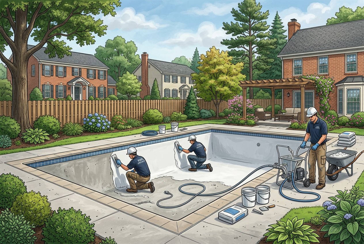 Workers resurfacing a swimming pool in a suburban backyard with trees and houses in the background.