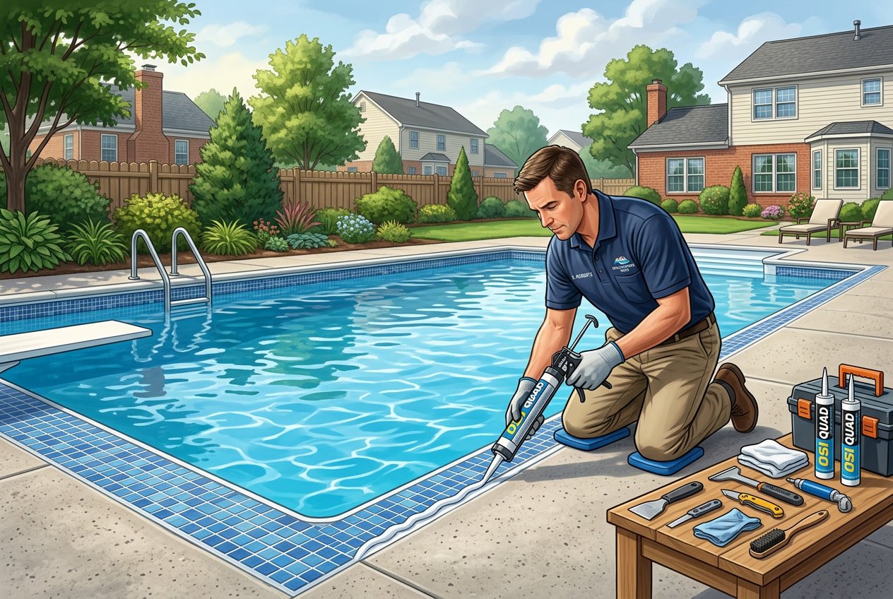 Pool Caulking/Re-Caulking in Springfield, VA: Professional Guide 1 A worker applying caulking around the edge of a residential swimming pool in a backyard.