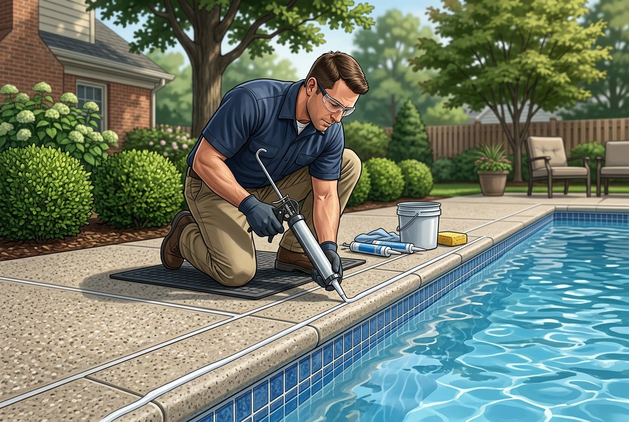Pool Caulking/Re-Caulking in Springfield, VA: Professional Guide 2 A worker applying caulking along the edge of a residential swimming pool in a backyard.
