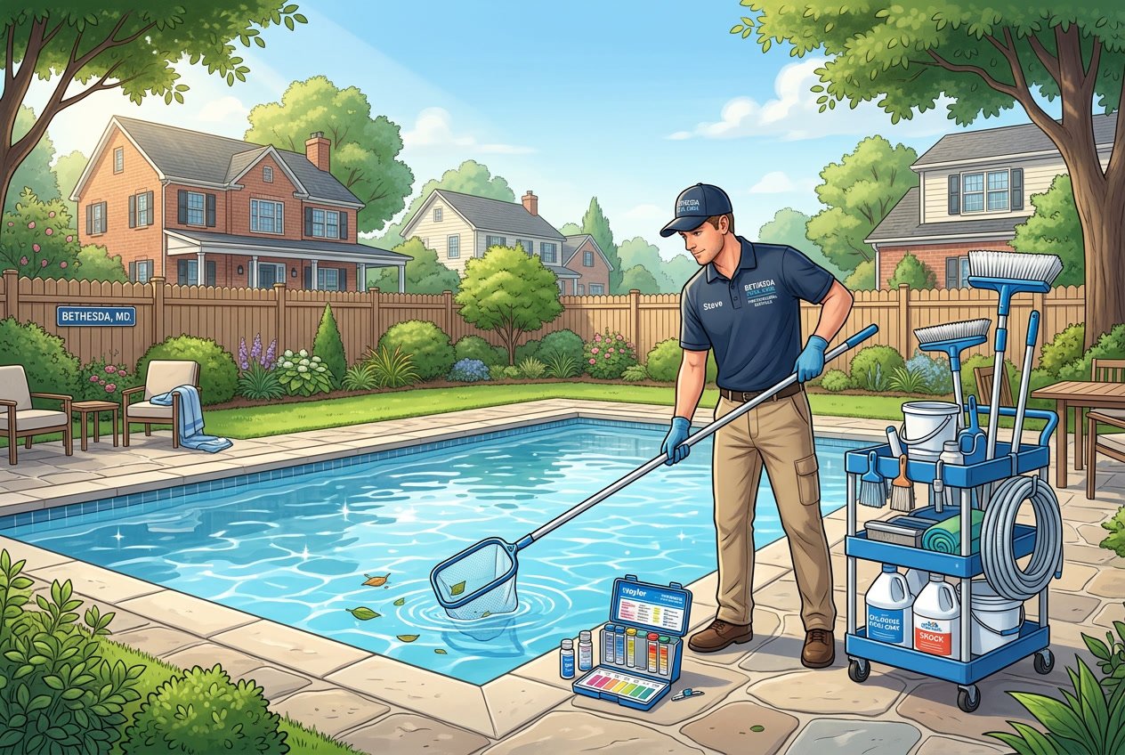 A pool technician maintaining a clean outdoor inground swimming pool in a suburban backyard with green grass and trees.