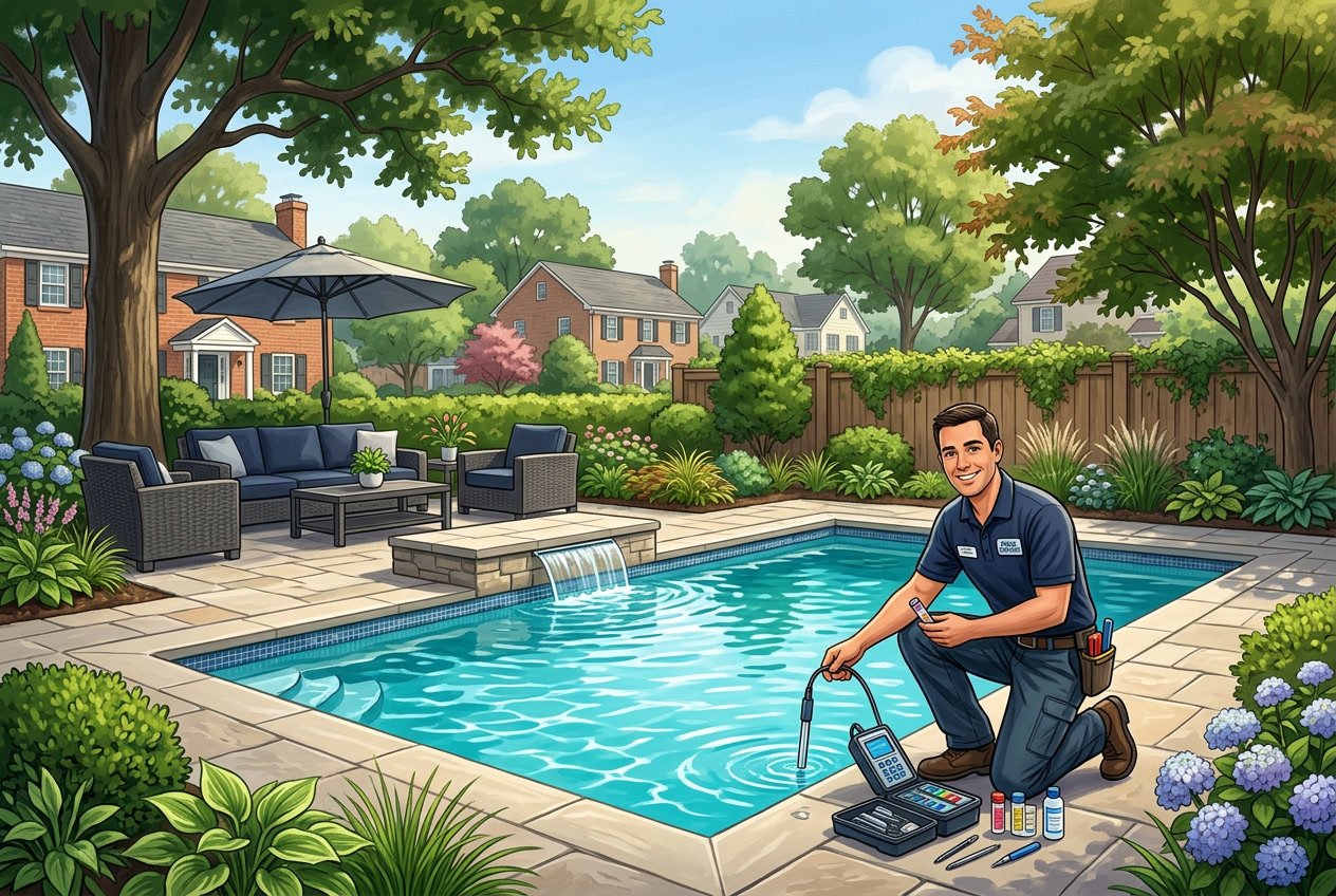 A pool service technician inspecting a clean inground swimming pool in a residential backyard surrounded by greenery and patio furniture.