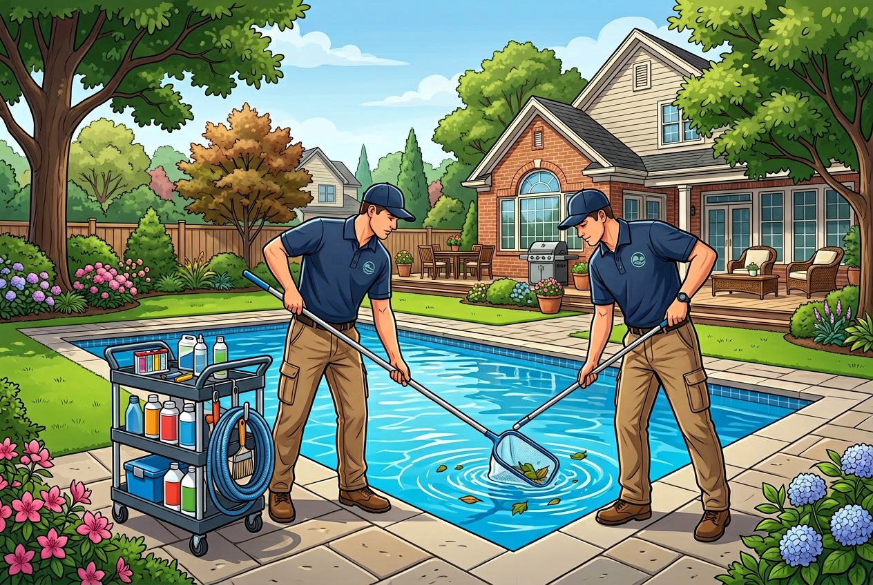 A pool technician cleaning a residential swimming pool in a backyard with green landscaping and a house in the background.
