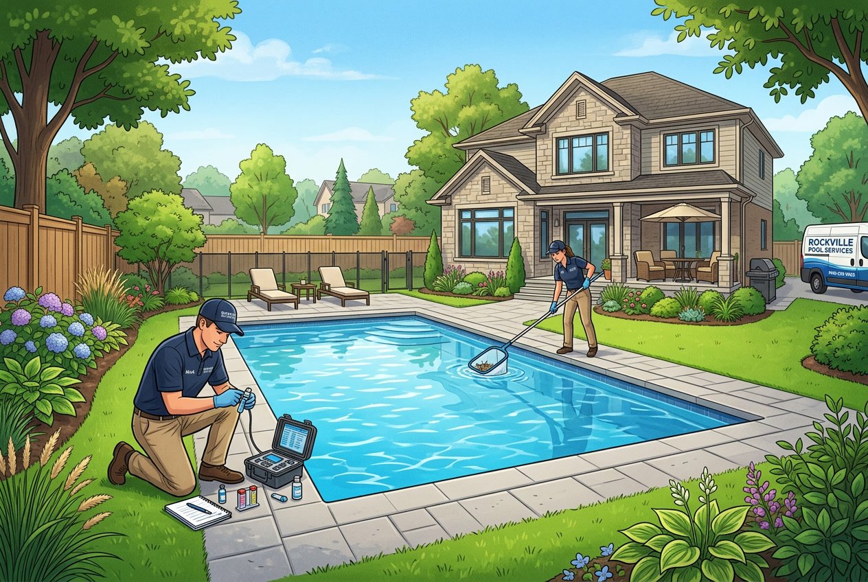 A clean residential swimming pool with two technicians performing maintenance in a backyard with a house in the background.