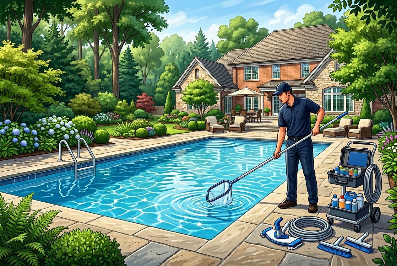 A pool maintenance technician checking a clean backyard inground swimming pool surrounded by trees and a suburban house.