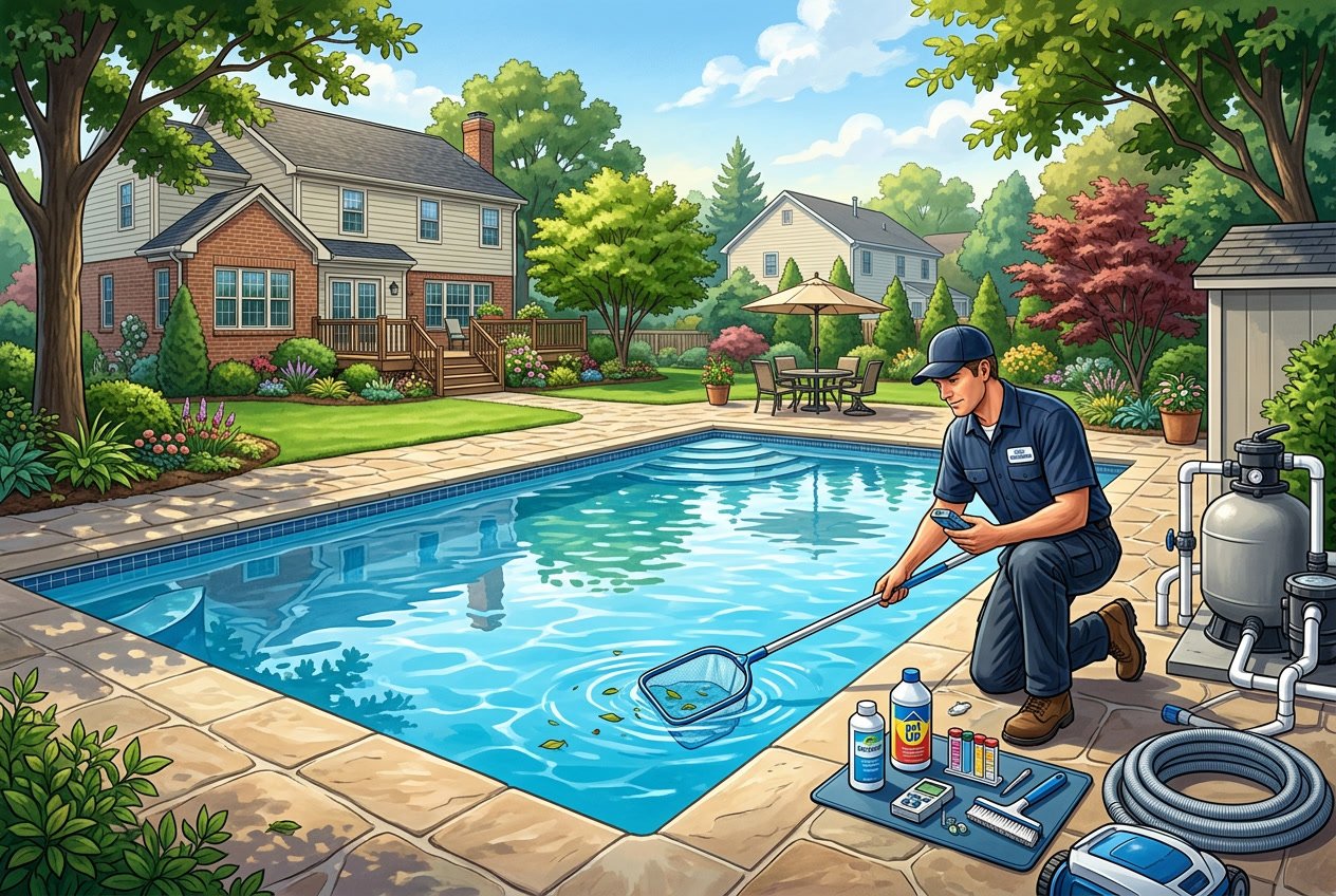 A pool technician performing maintenance on a clean residential inground swimming pool in a backyard with greenery and clear skies.