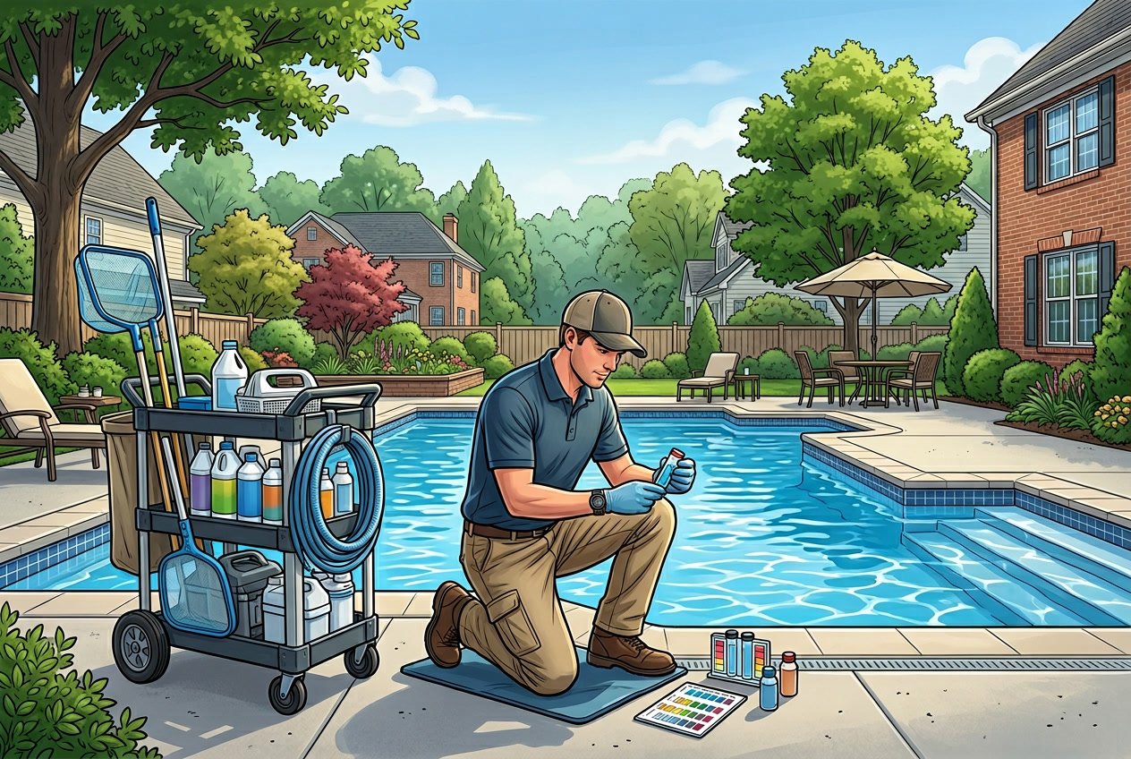 A pool technician inspecting a clean outdoor swimming pool with maintenance tools nearby in a suburban backyard.
