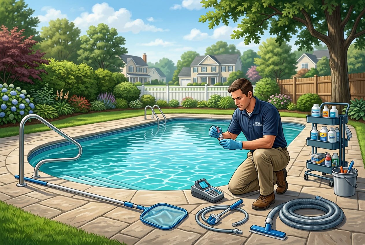 A technician inspecting a clean residential swimming pool with maintenance tools nearby in a suburban backyard.