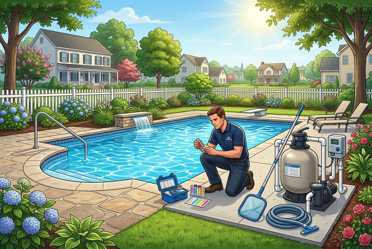 A pool maintenance worker inspects a clean backyard swimming pool in a sunny suburban neighborhood with houses and trees in the background.