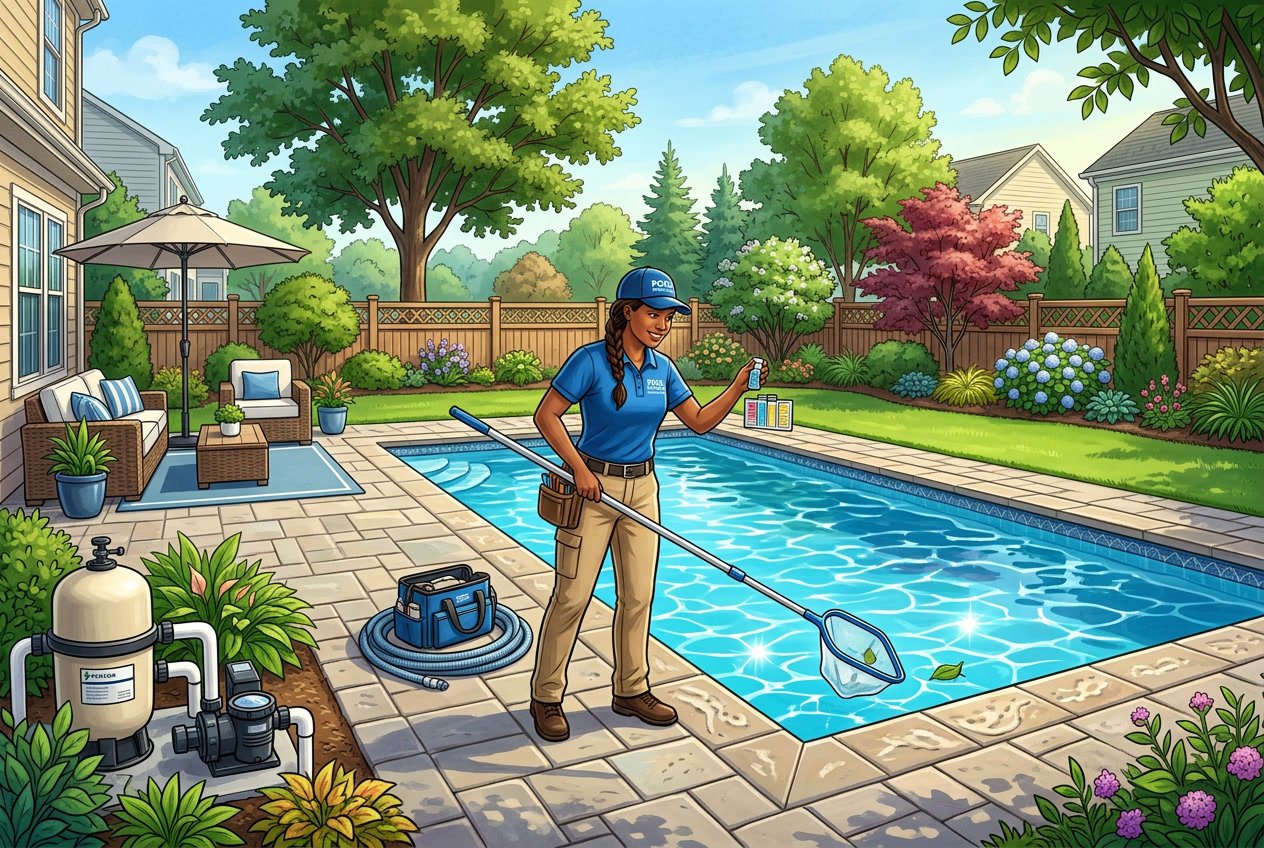 A backyard with a clean swimming pool and a technician performing maintenance tasks near the water.