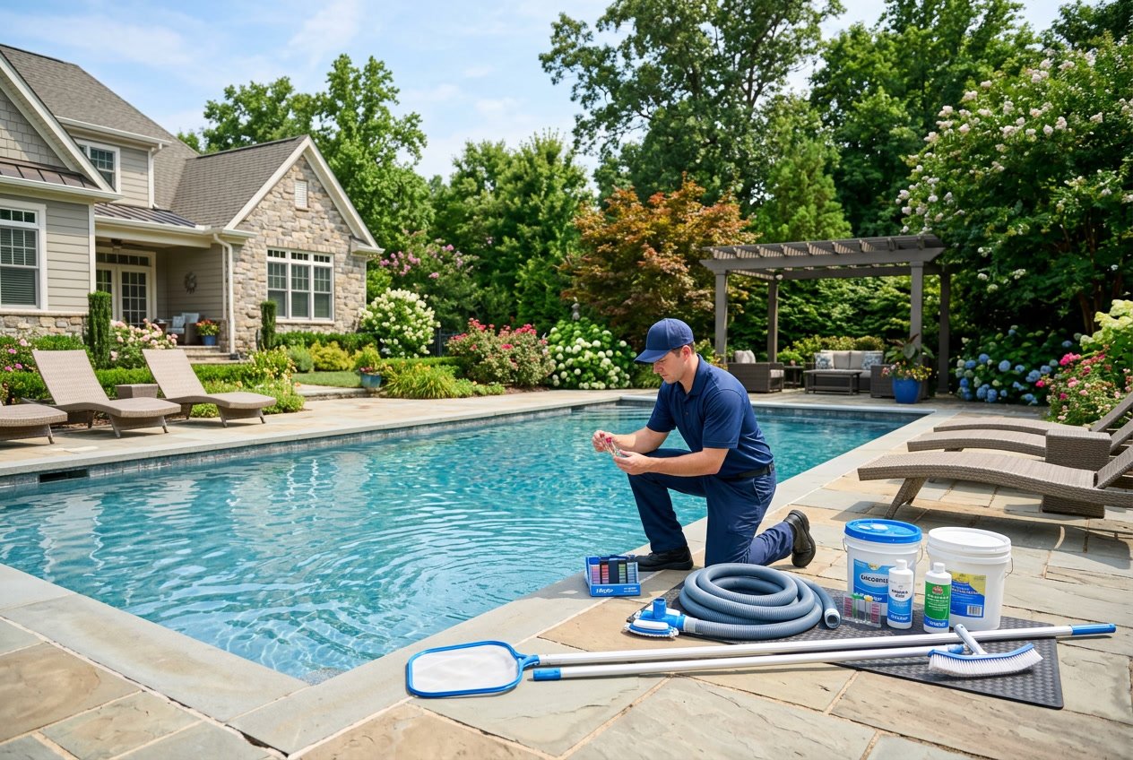 A pool technician inspects a clean swimming pool in a sunny backyard with a modern house and green plants nearby.