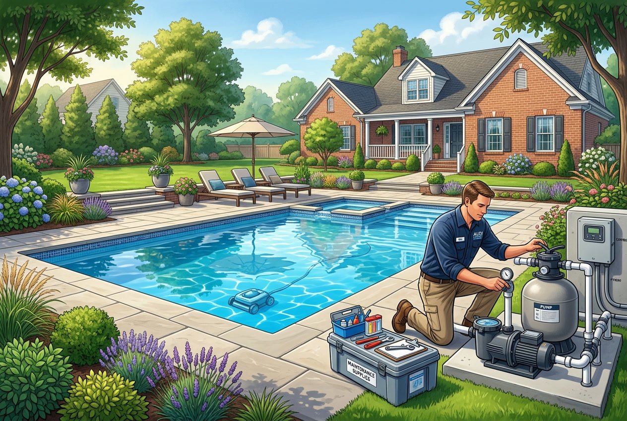 A backyard with a clean swimming pool, a pool technician inspecting equipment, and a house in the background.