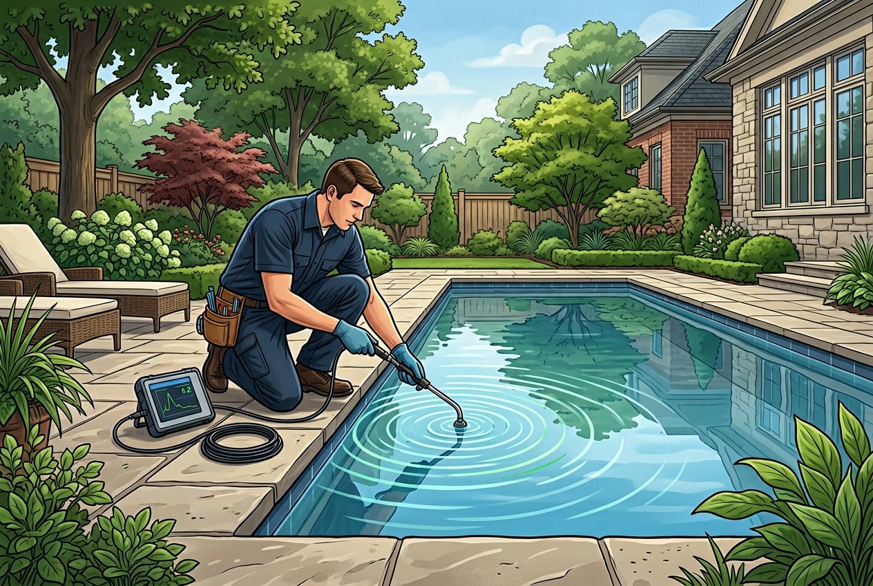A technician inspecting a swimming pool for leaks in a residential backyard with greenery and clear water.