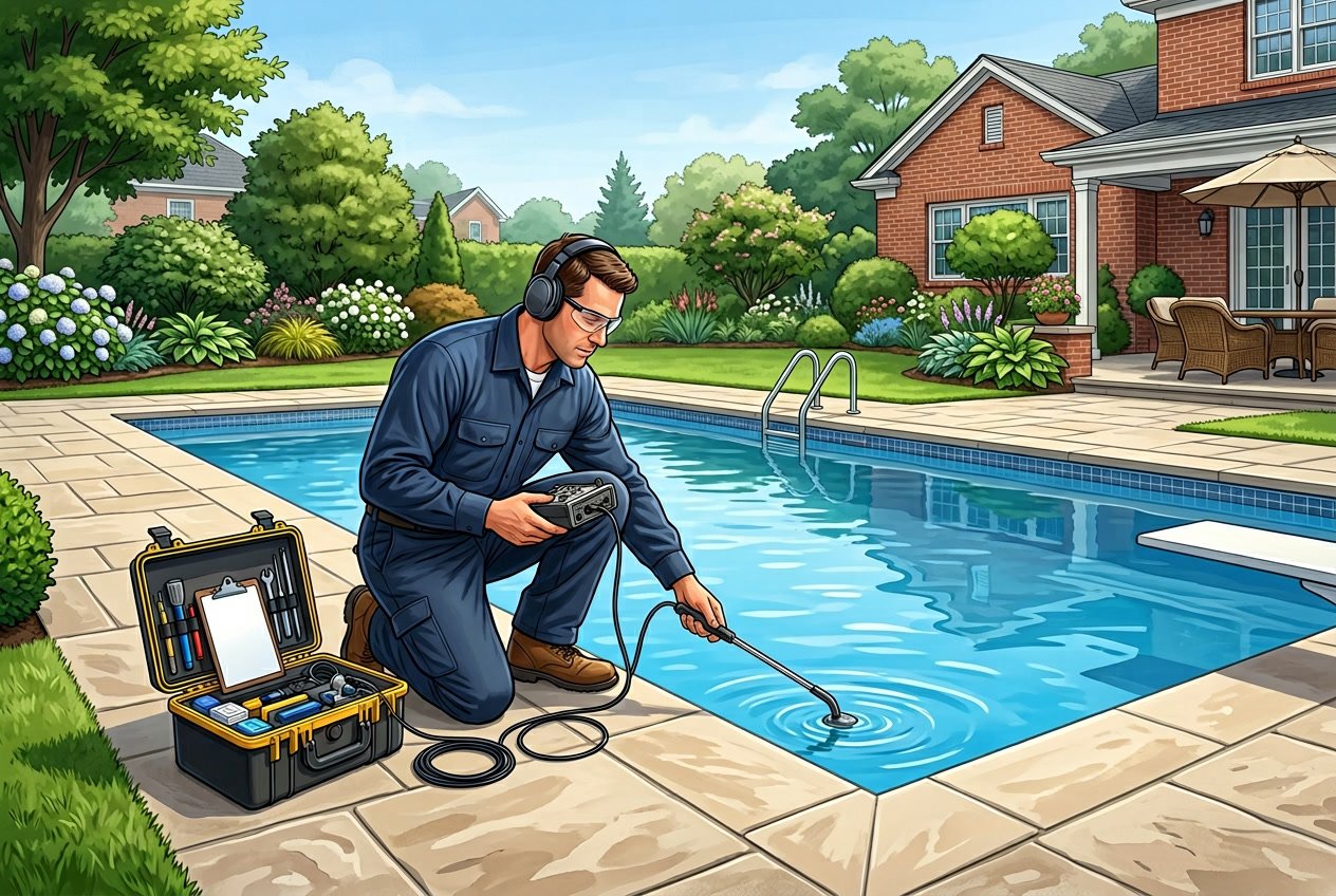 A technician inspecting a backyard swimming pool for leaks using specialized equipment.
