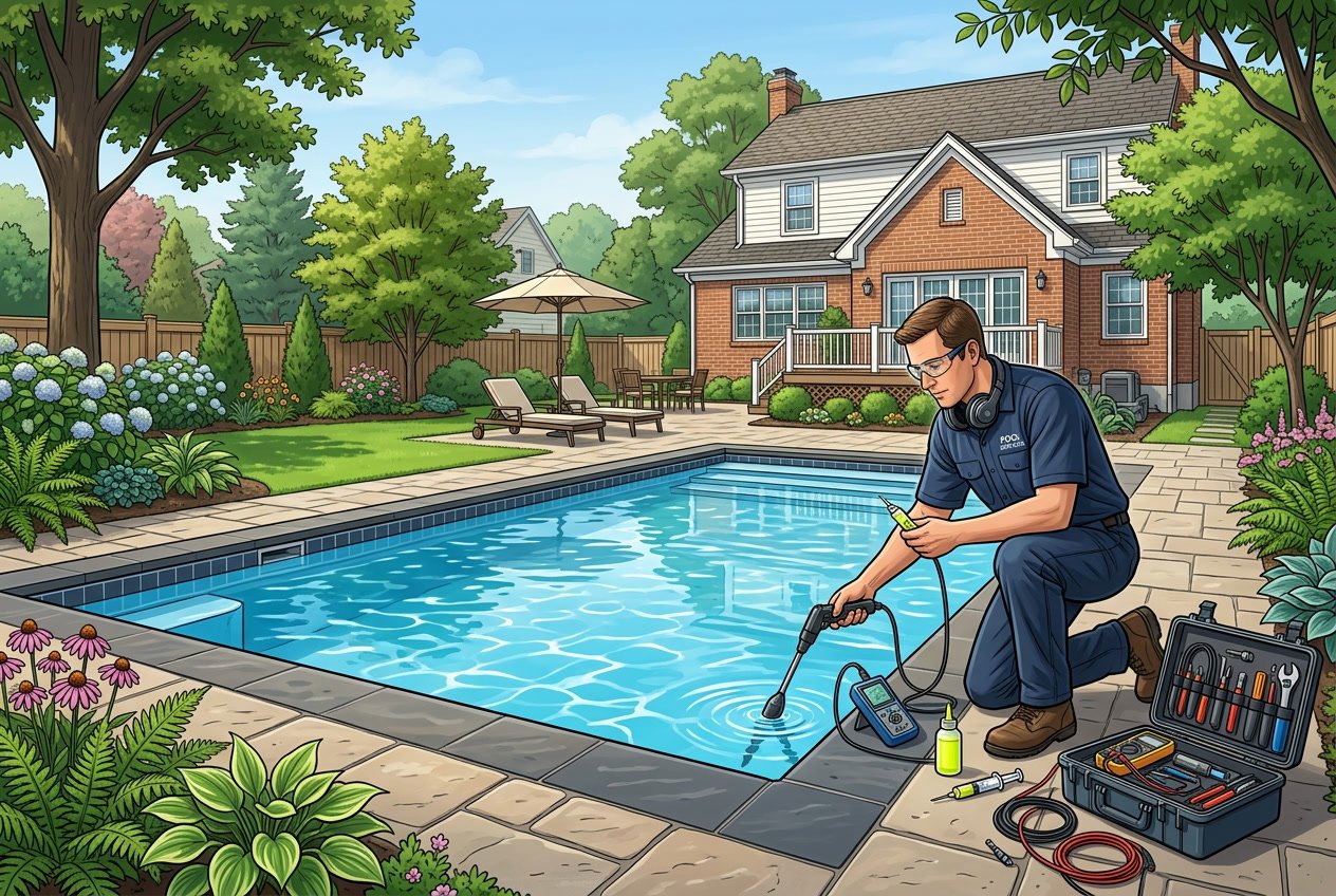 A technician inspecting a swimming pool for leaks in a suburban backyard with a brick house in the background.
