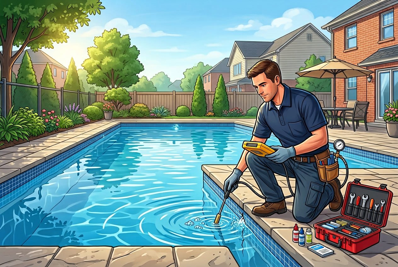 A technician inspecting a residential swimming pool for leaks in a suburban backyard.
