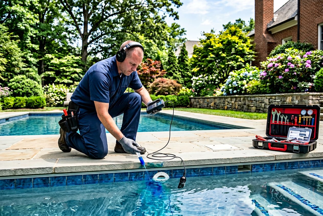 A technician inspects a residential swimming pool with leak detection equipment in a backyard with trees and shrubs.