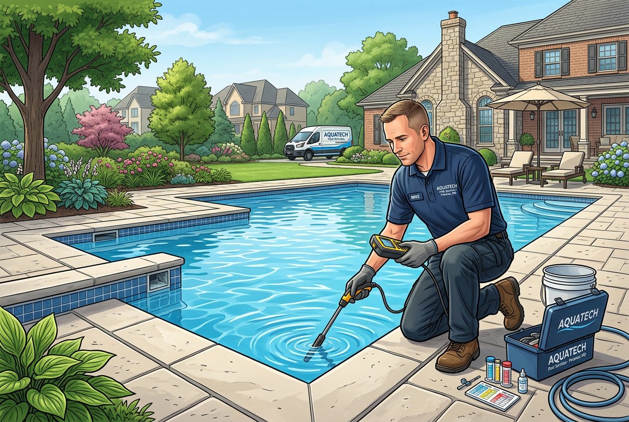 A pool maintenance technician inspecting a residential swimming pool outdoors in a suburban backyard.