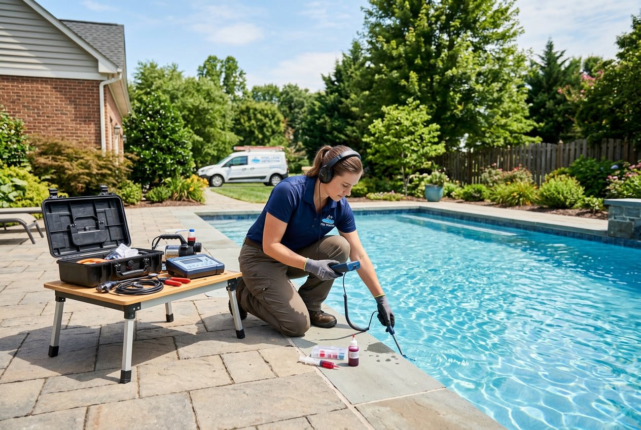 A technician inspecting a backyard swimming pool with leak detection equipment and repair tools nearby.