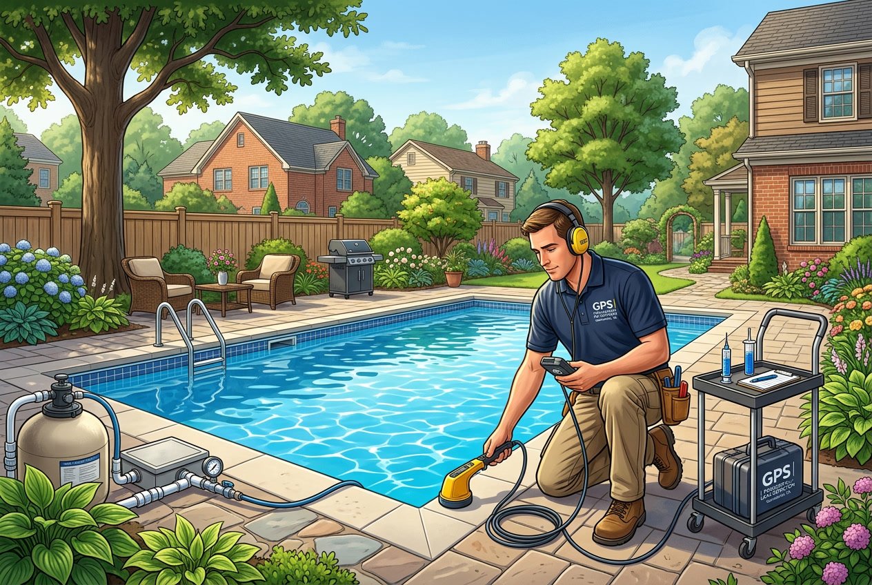 A technician using leak detection equipment to inspect a swimming pool in a residential backyard with houses and greenery in the background.